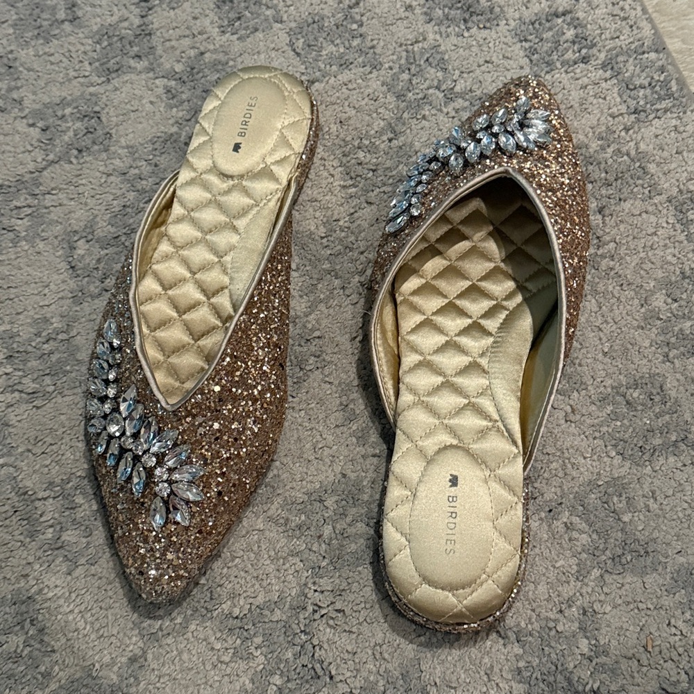 Birdies Bronze Glitter Mules with Crystal Embellishments Size 9 Like New